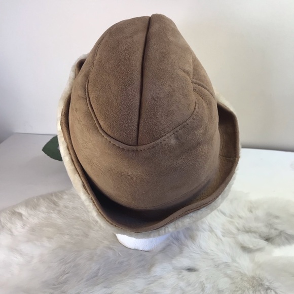 Vintage 70s Shearling Suede Bucket Hat Real Fur Beige Tan Unisex Men Women - Picture 10 of 13